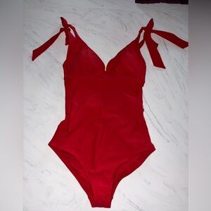 Shade & shore red solid tie shoulder one piece swim bathing suit new nwt xs